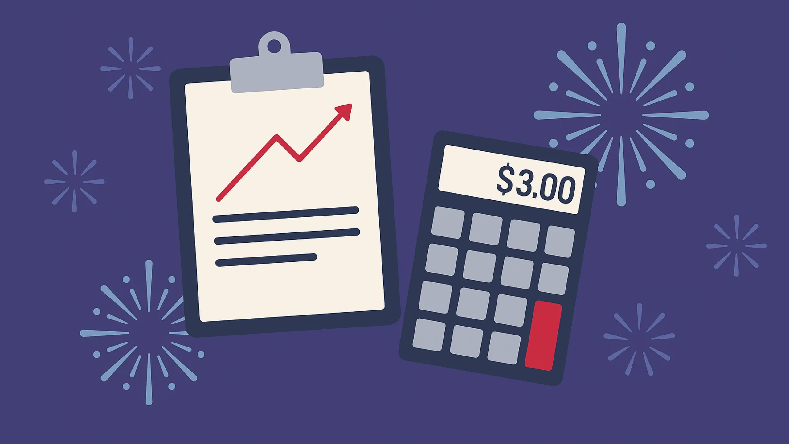 Illustration of the Fireworks Retail Calculator with a clean white card and clipboard mockup showing fields for base cost, markup, margin, profit, and retail price.