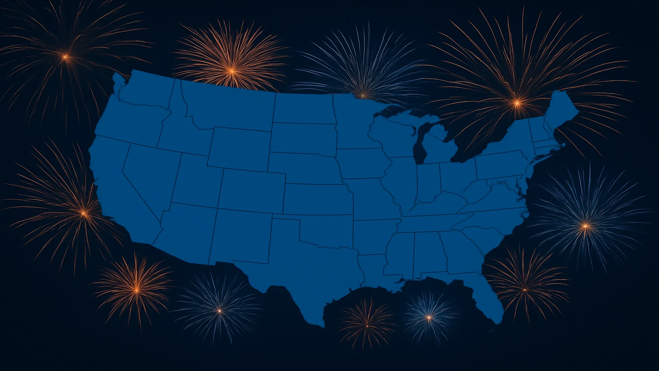 Map of the United States with state outlines and fireworks background for Fireworks Laws by State