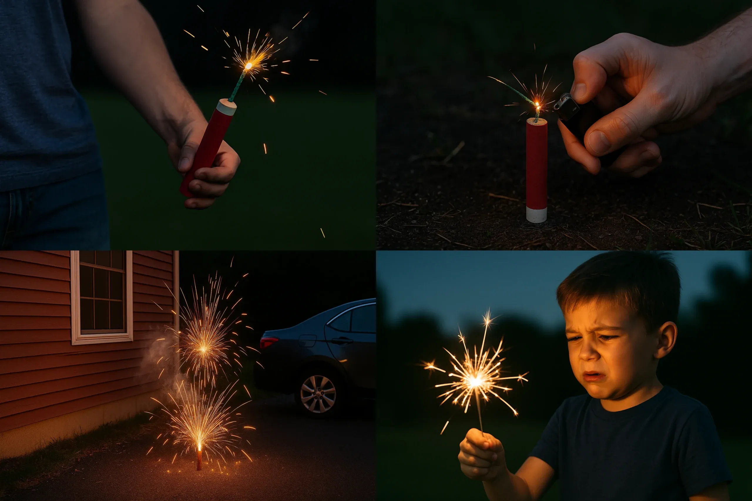 Collage of unsafe fireworks examples including holding fireworks in hand, relighting a dud, lighting fireworks too close to a house and car, and a child holding a sparkler dangerously close